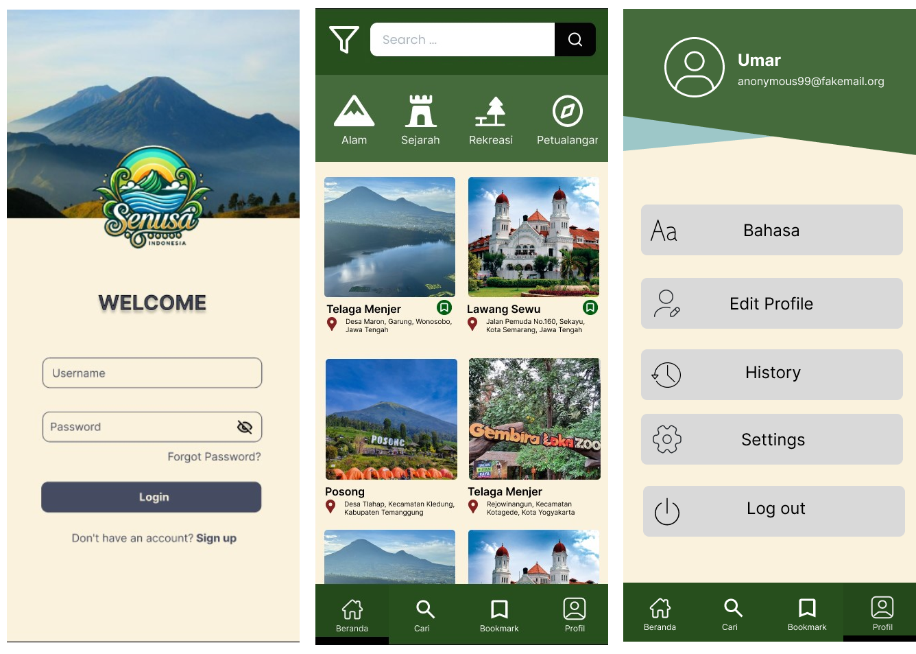 Rancangan UI/UX aplikasi Senusa